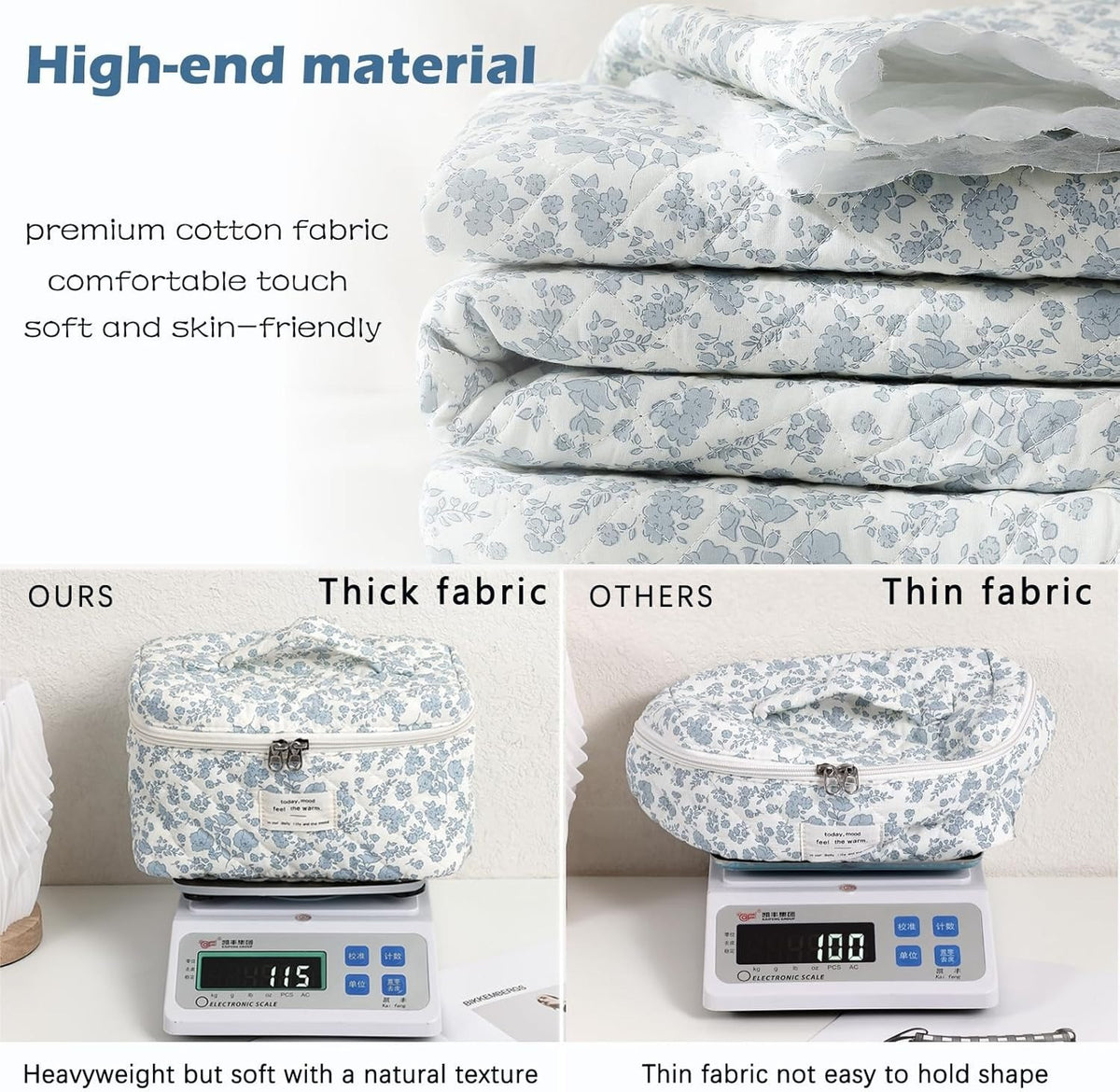 Large Floral Quilted Makeup Bag for Women, Travel Cosmetic Organizer