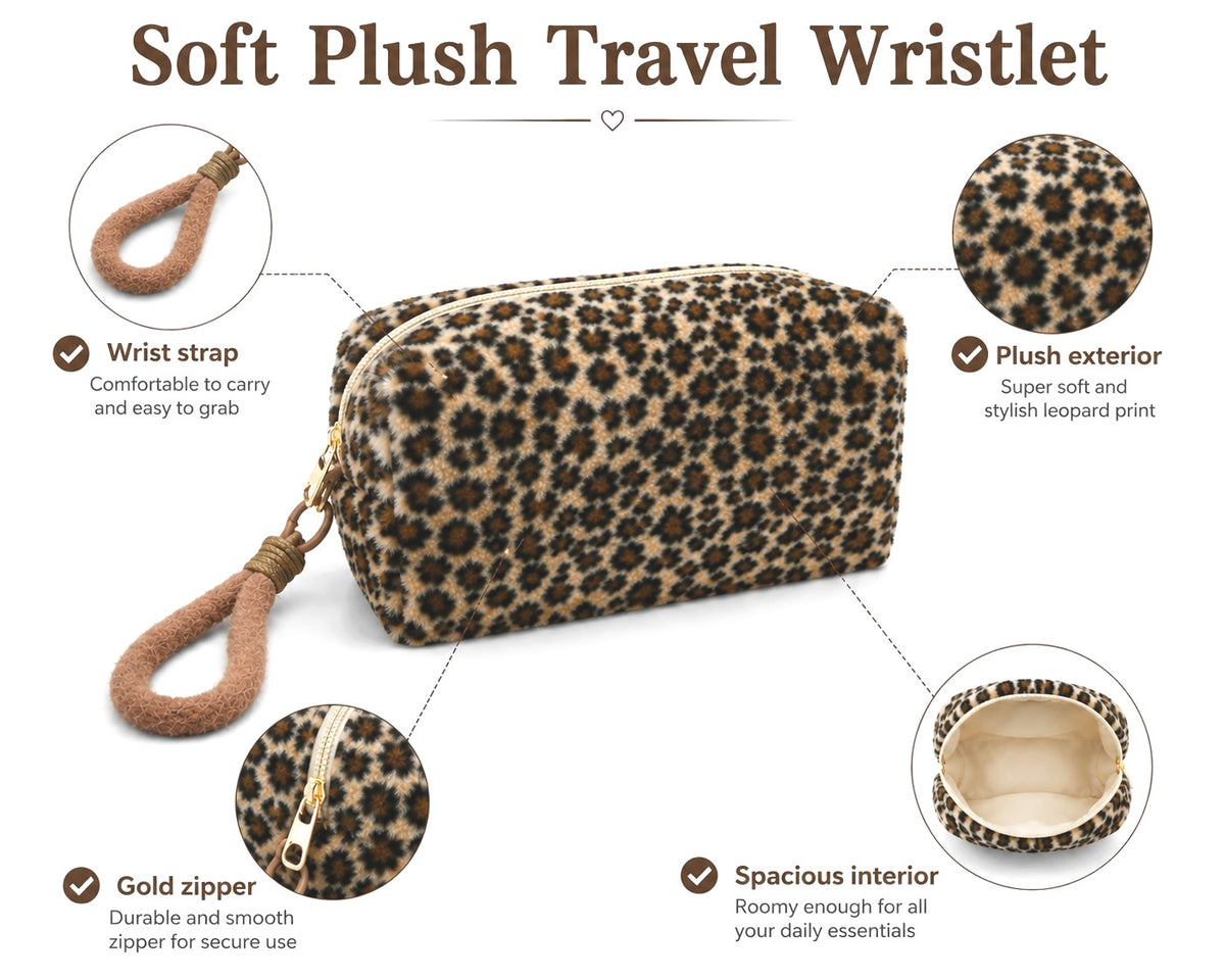 Leopard Plush Cosmetic Travel Toiletry Makeup Bag with Wristlet - Beige