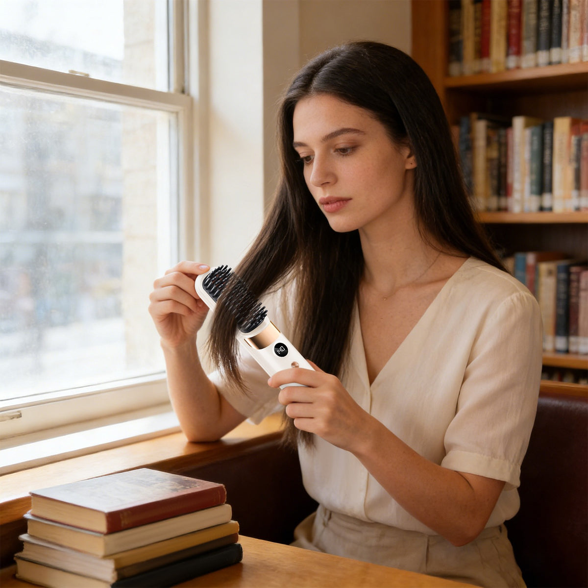 Portable White Ceramic Hair Straightener Brush with Digital Temp Control