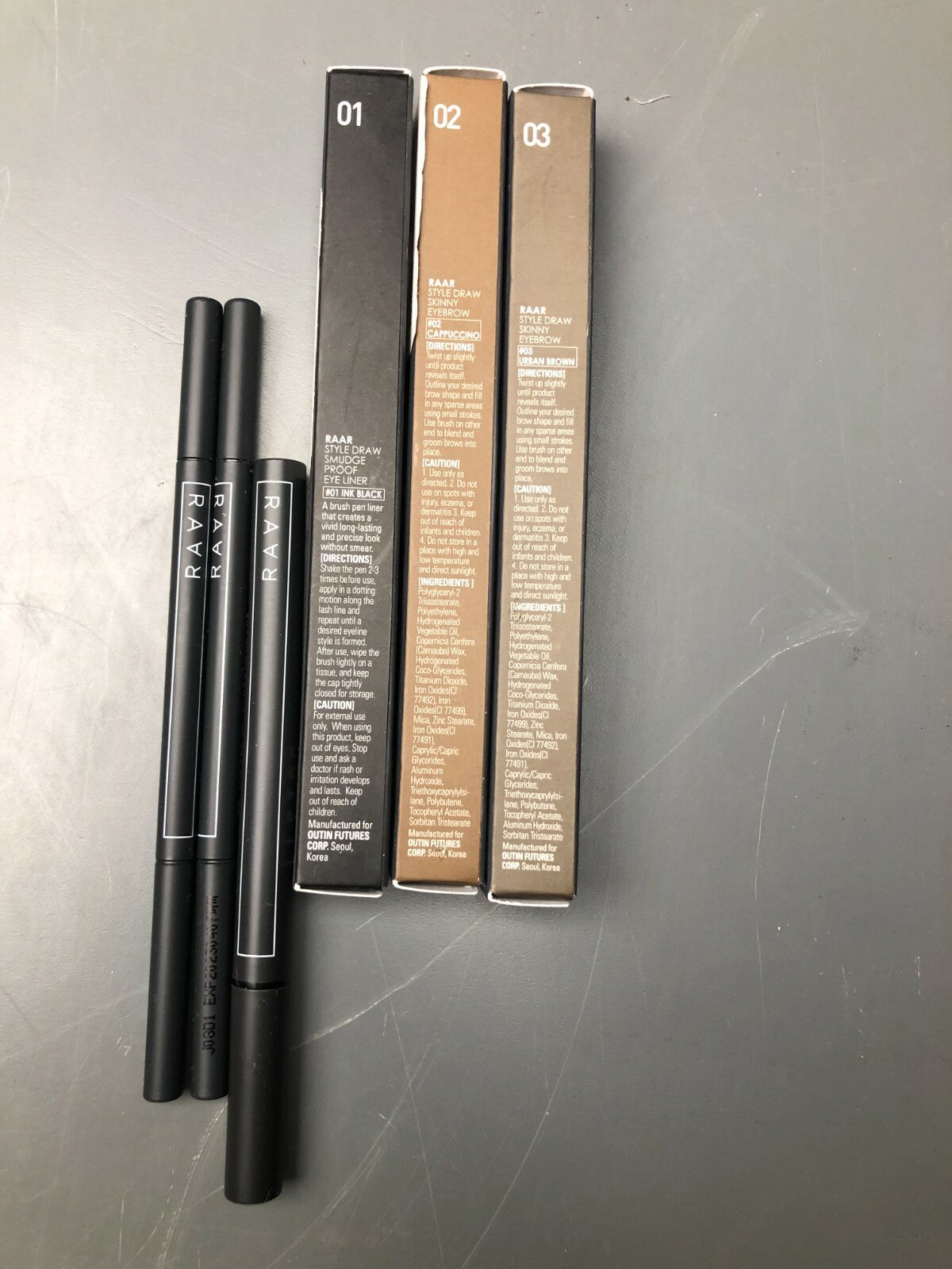 Eyebrow Pencil Trio - Skinny Draw Style, 3 Colors #01 Ink Black #02 Cappuccino #03 Urban Brown