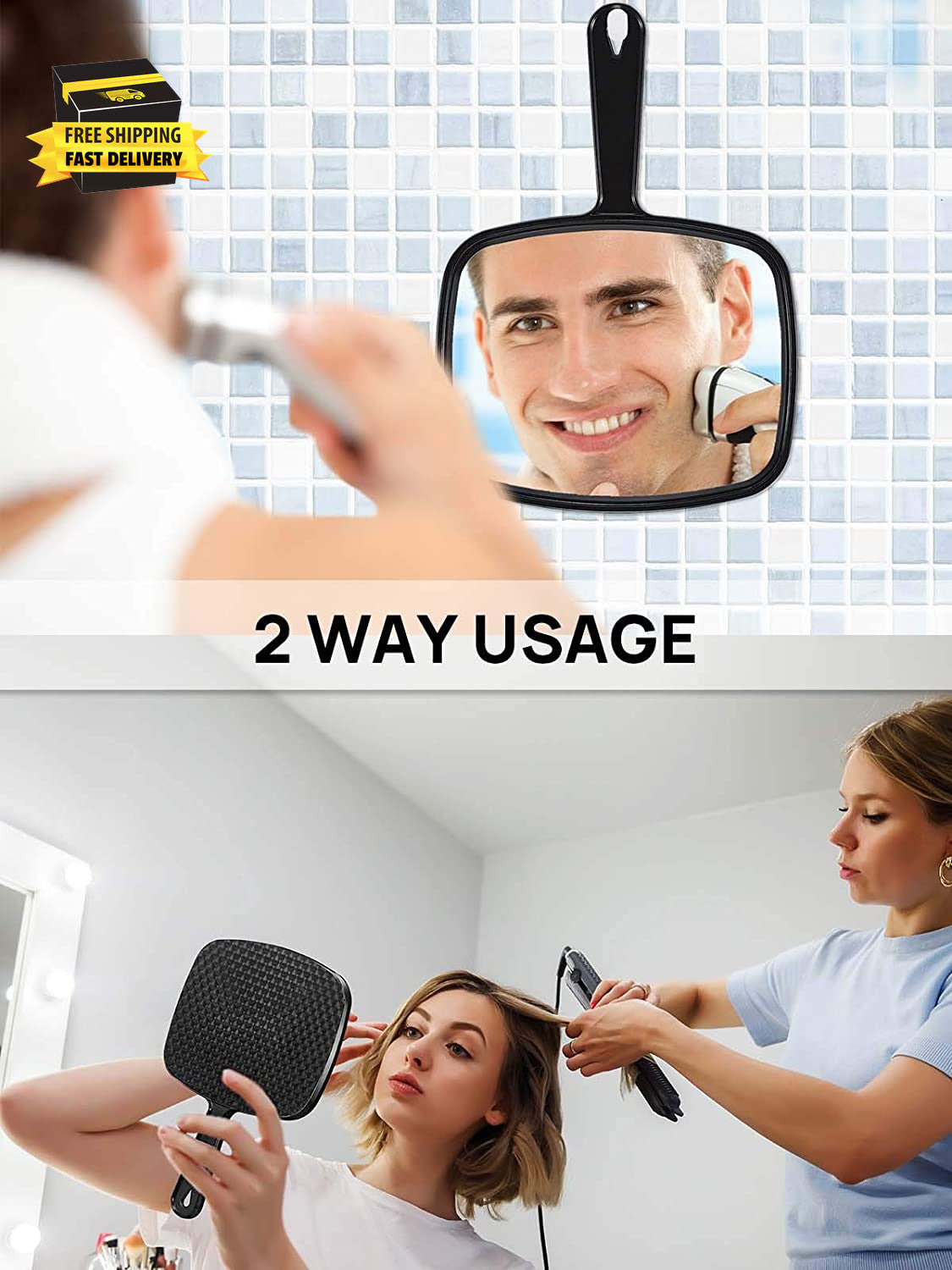 Black Handheld Mirror 9.3 x 6.6 Inches with Handle for Makeup & Grooming