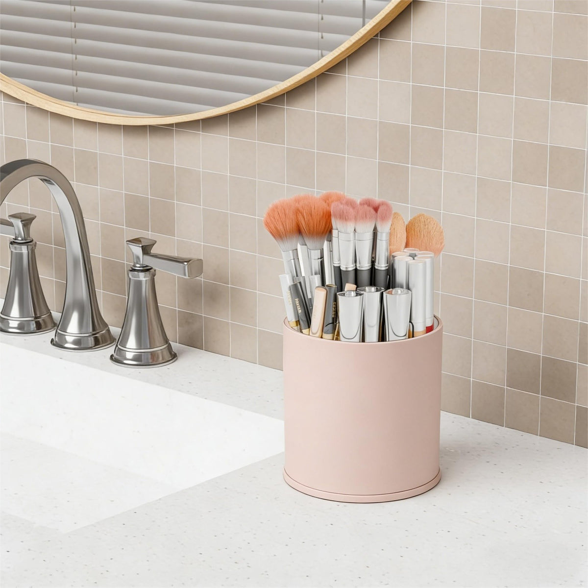 Rotating Makeup Brush Holder with 6 Compartments - Pink