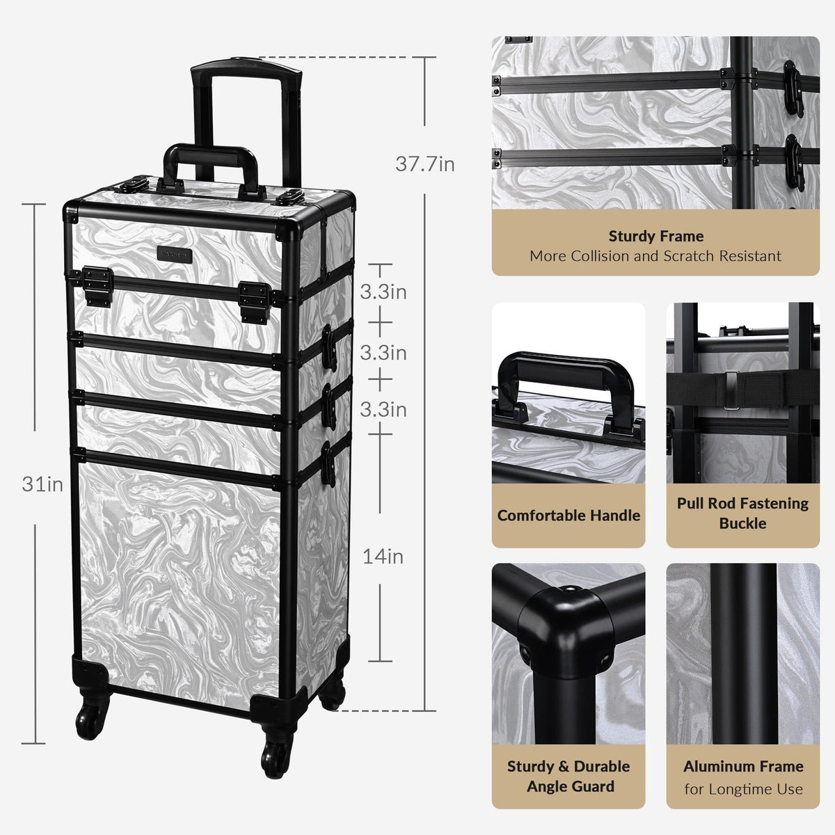 4-in-1 Rolling Makeup Train Case with Lockable Latches and Wheels - Graystone