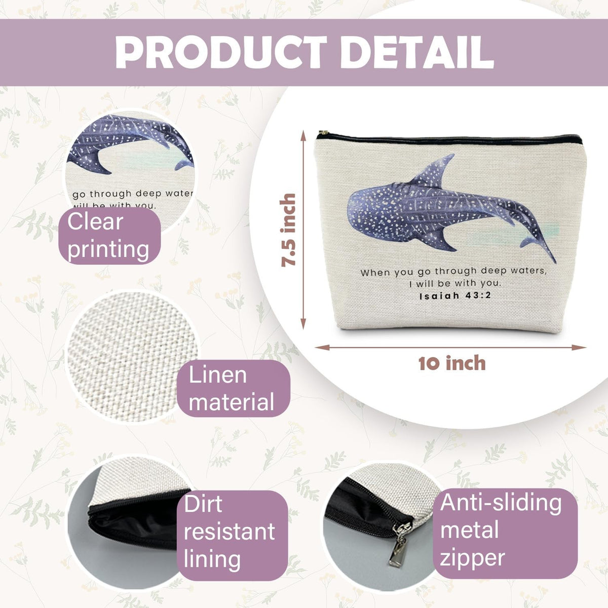 Christian Makeup Bag Pouch Waterproof Linen Travel Organizer - Whale Shark Design