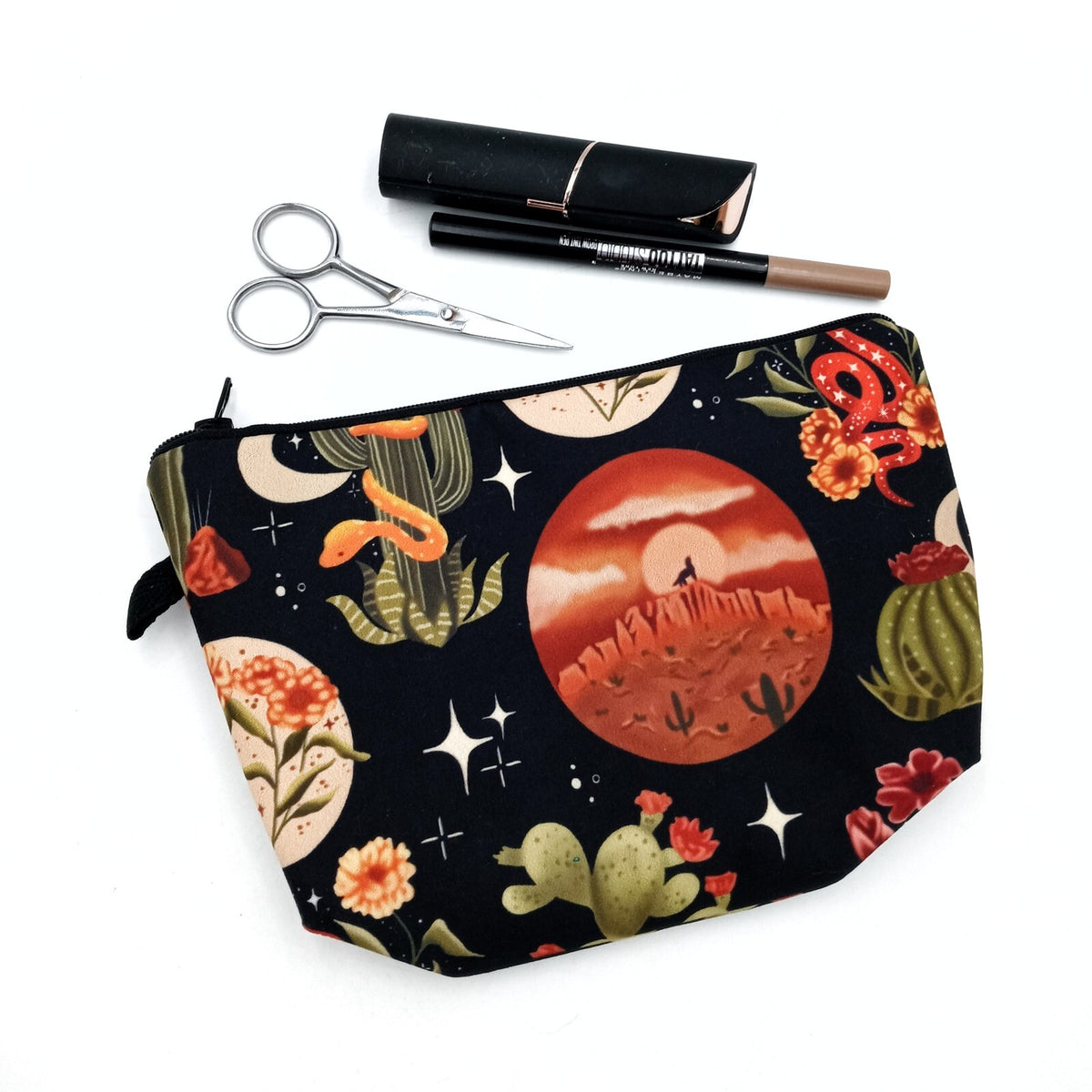 Southwest Coyote Snake Cactus Makeup Pouch Zippered Bag - 9x6 Inches