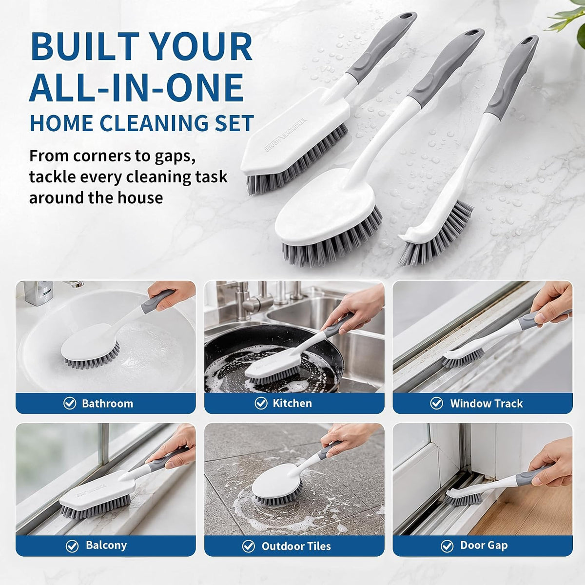 Heavy Duty Shower Scrub Brush Set 3 Pcs Bathroom Cleaning Tools