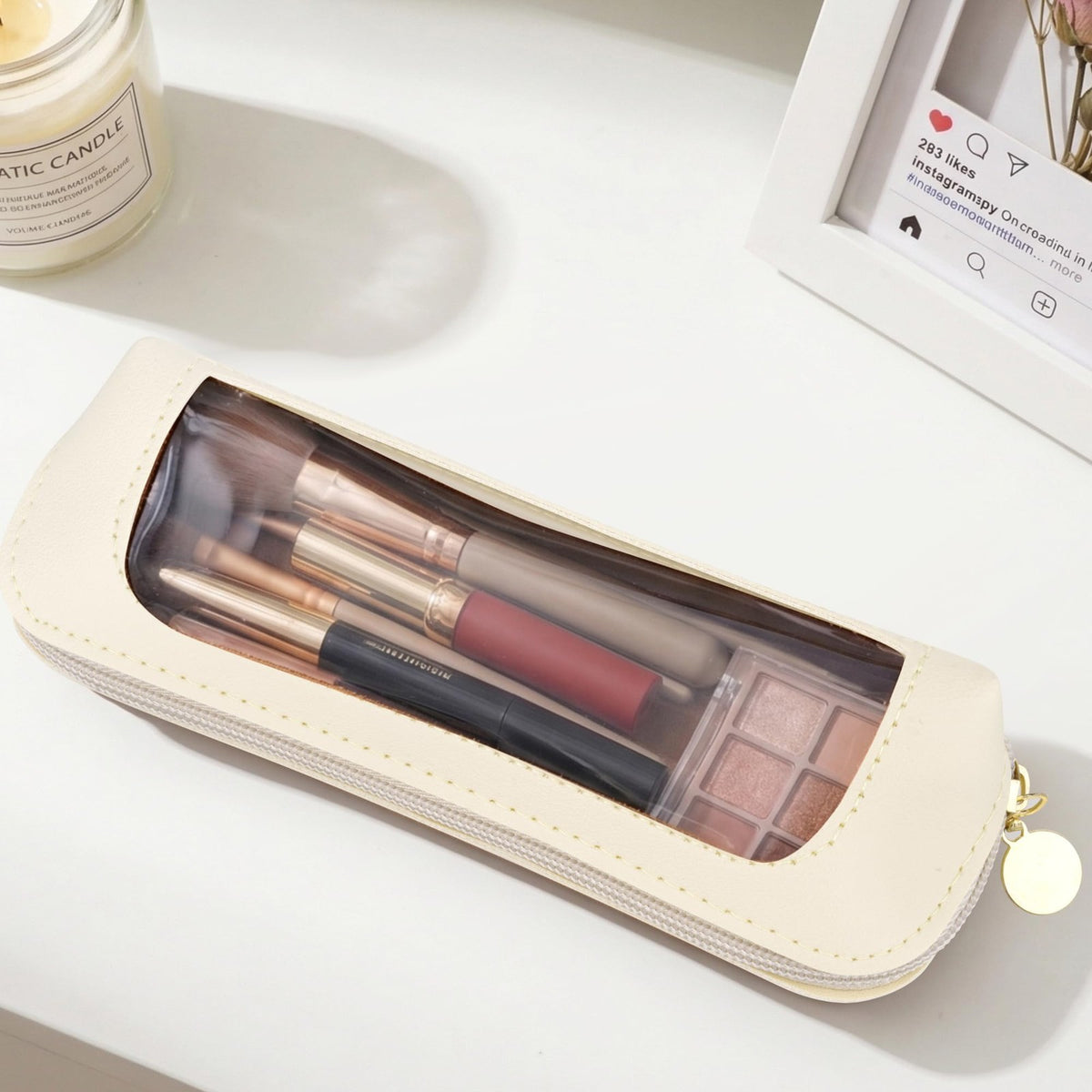 Transparent Makeup Brush Bag with Zipper - Slim Leather Cosmetic Pouch