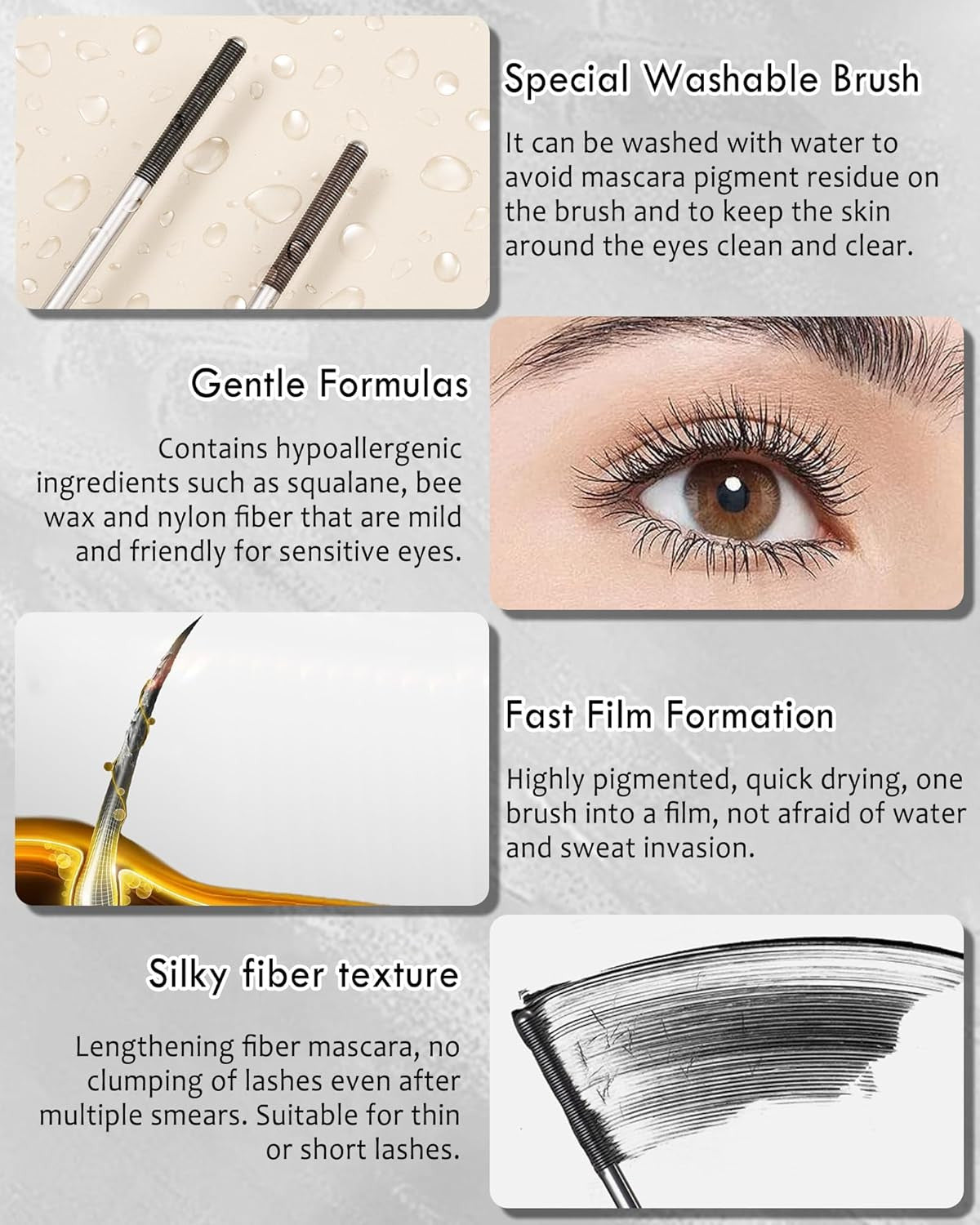 Waterproof Lengthening Mascara with Metal Wand - Clump-Free, 3D Volume, Black
