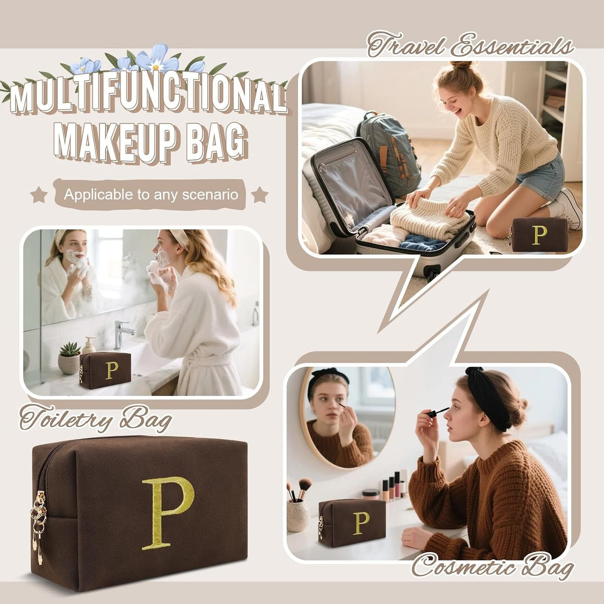 Personalized Initial Makeup Bag - Small Waterproof Cosmetic Travel Organizer