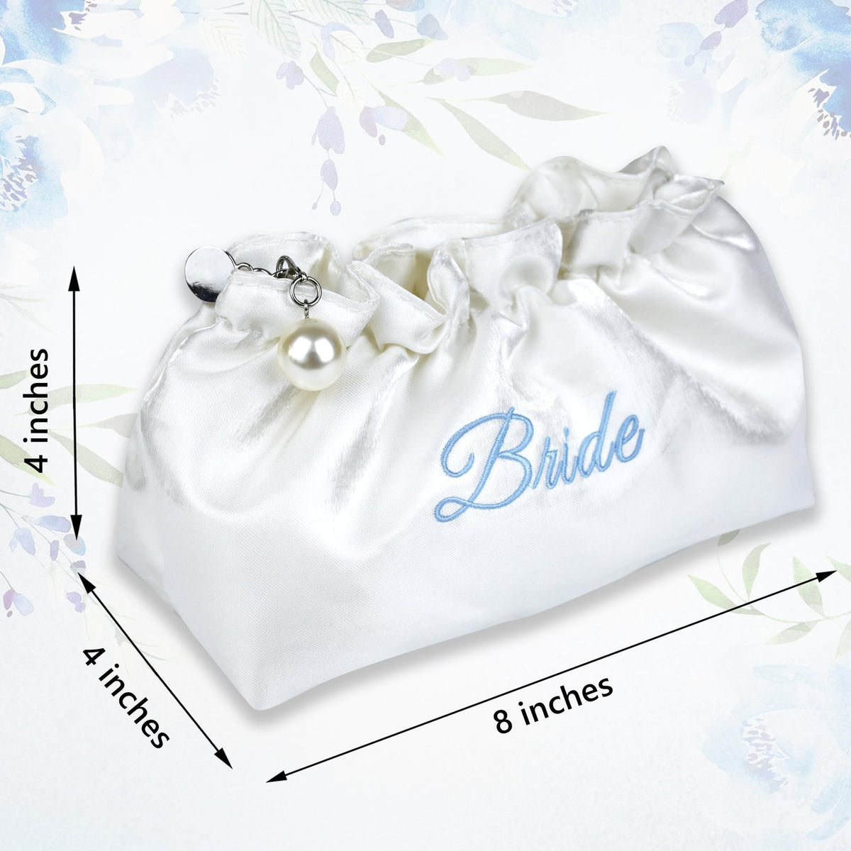White Satin Bridal Cosmetic Bag with Blue Embroidery and Pearl Zipper