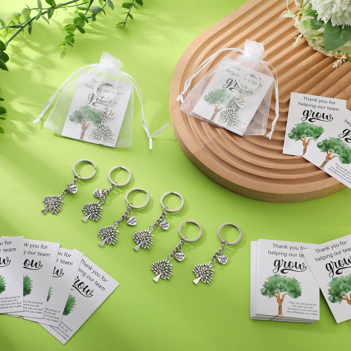 Team Appreciation Gift Tree Keychains with Heart Charm Bulk Set - 50 Pieces