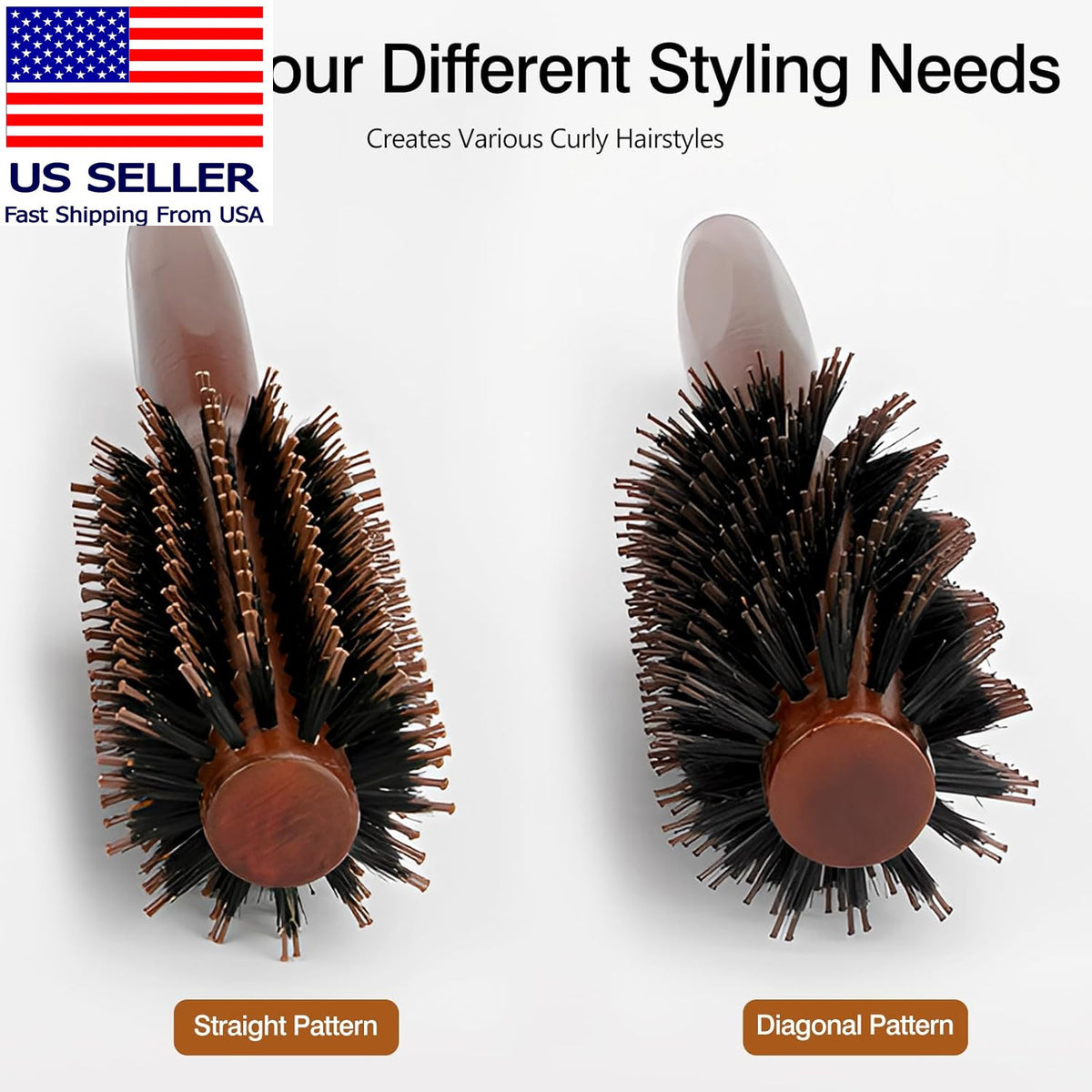 Round Boar Bristle Hair Brush with Wooden Handle for Styling & Detangling