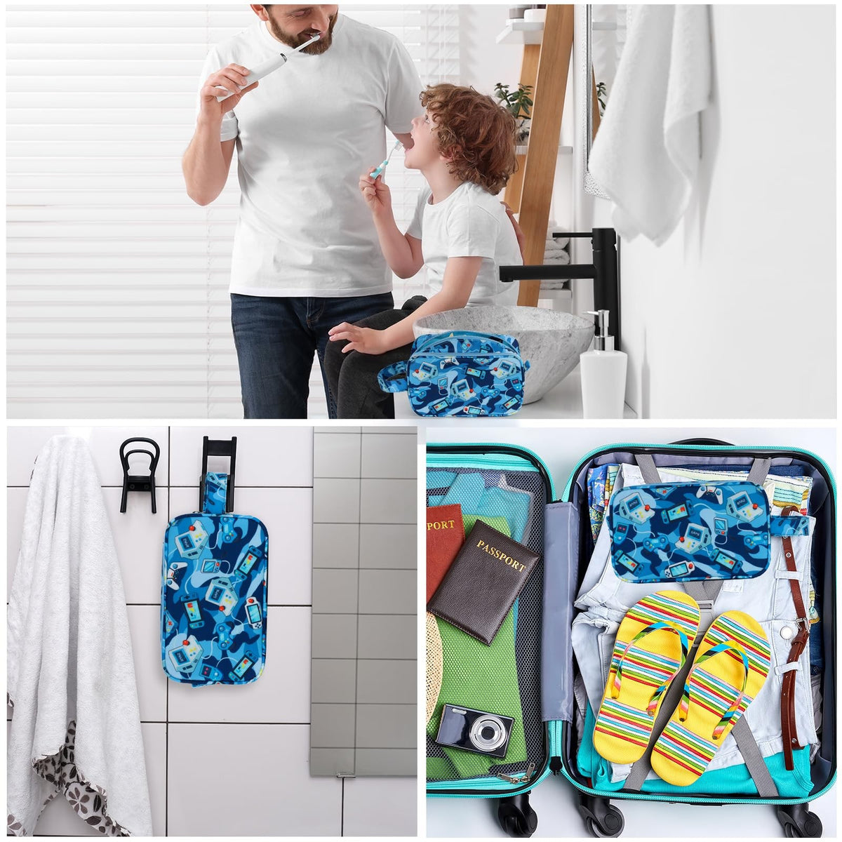 Kids Travel Toiletry Bag Boys Waterproof Hanging Wash Case Camo Blue