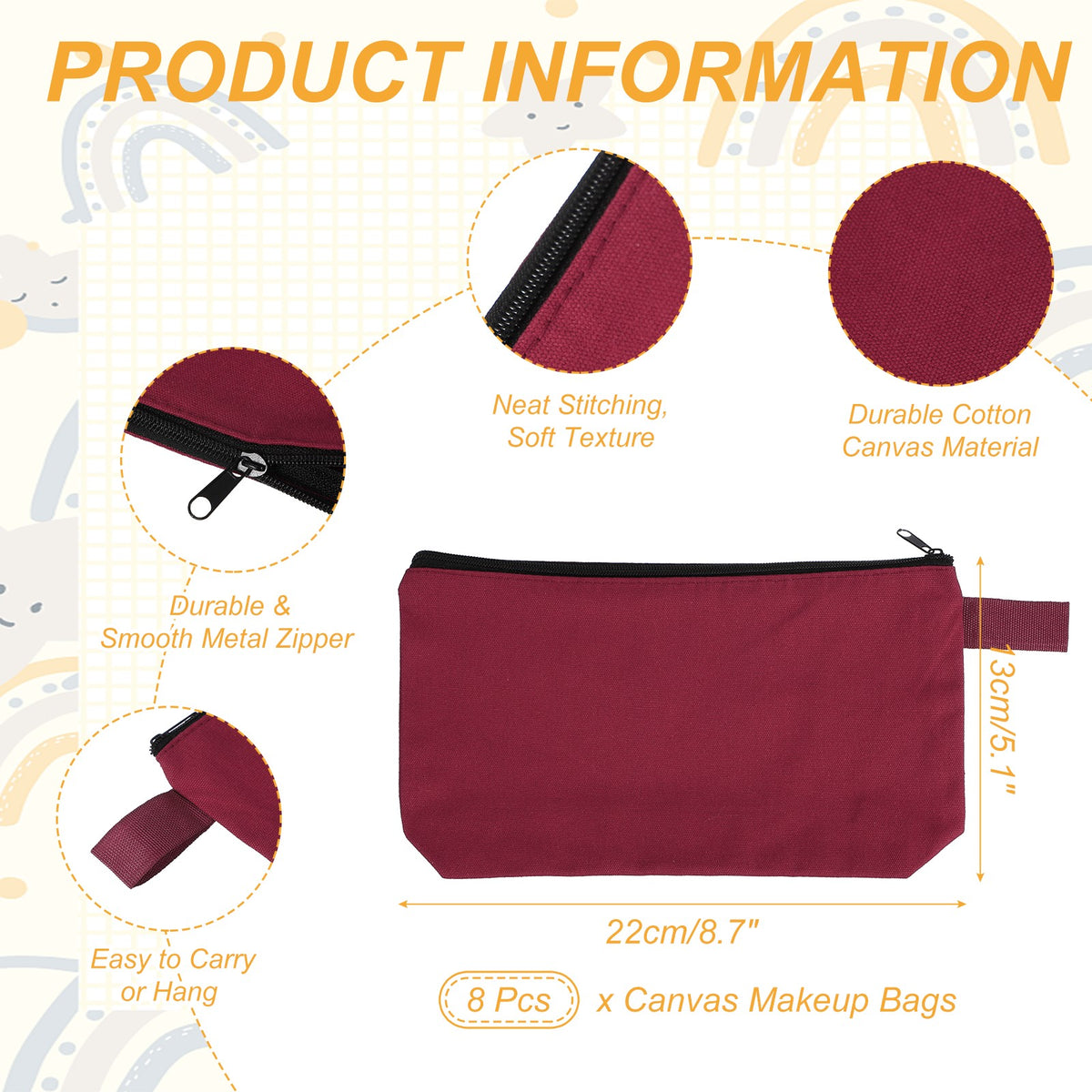 8 Pack Canvas Makeup Bags - Dark Red Portable Cosmetic Organizer