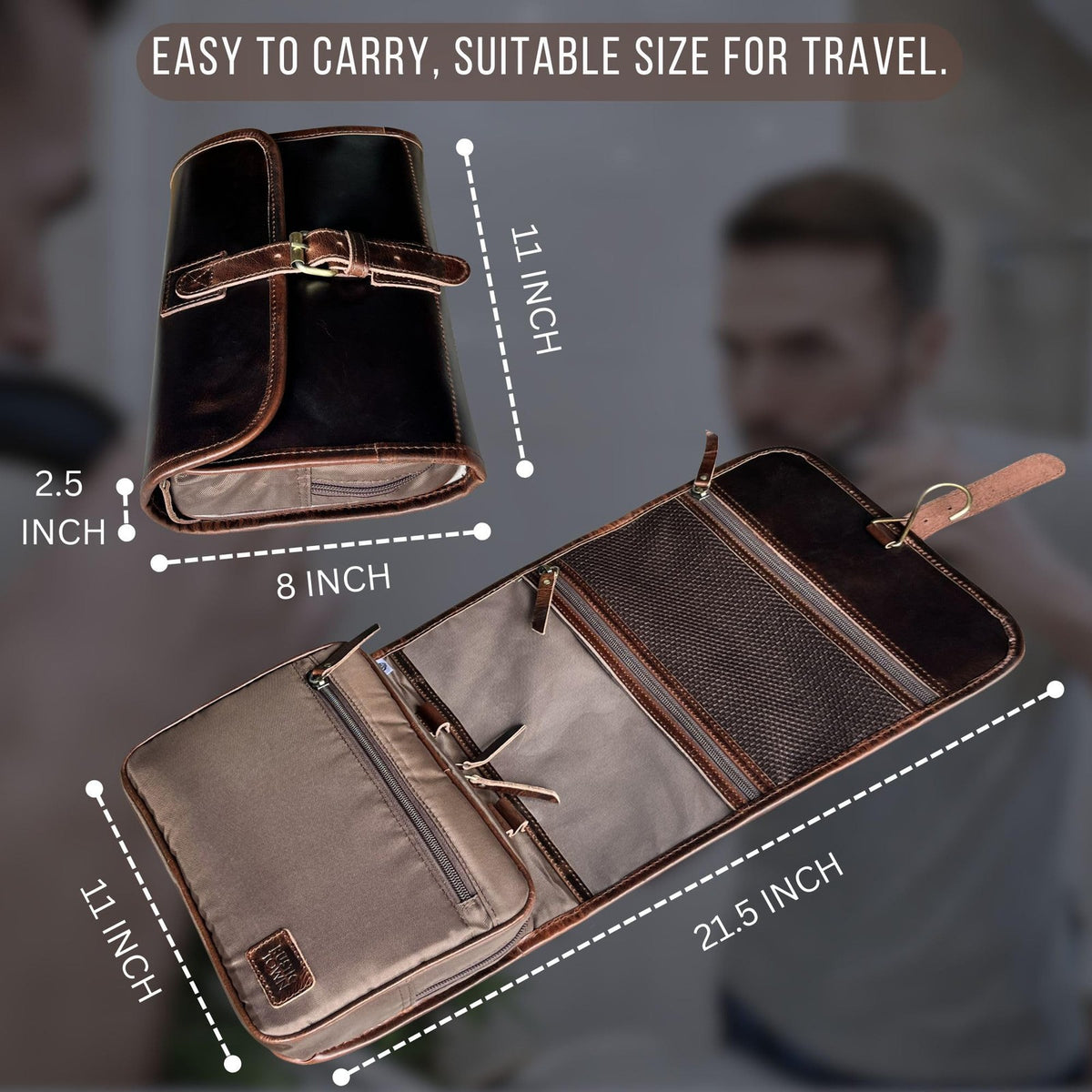 Leather Hanging Toiletry Bag Men Travel Organizer with Brass Hook
