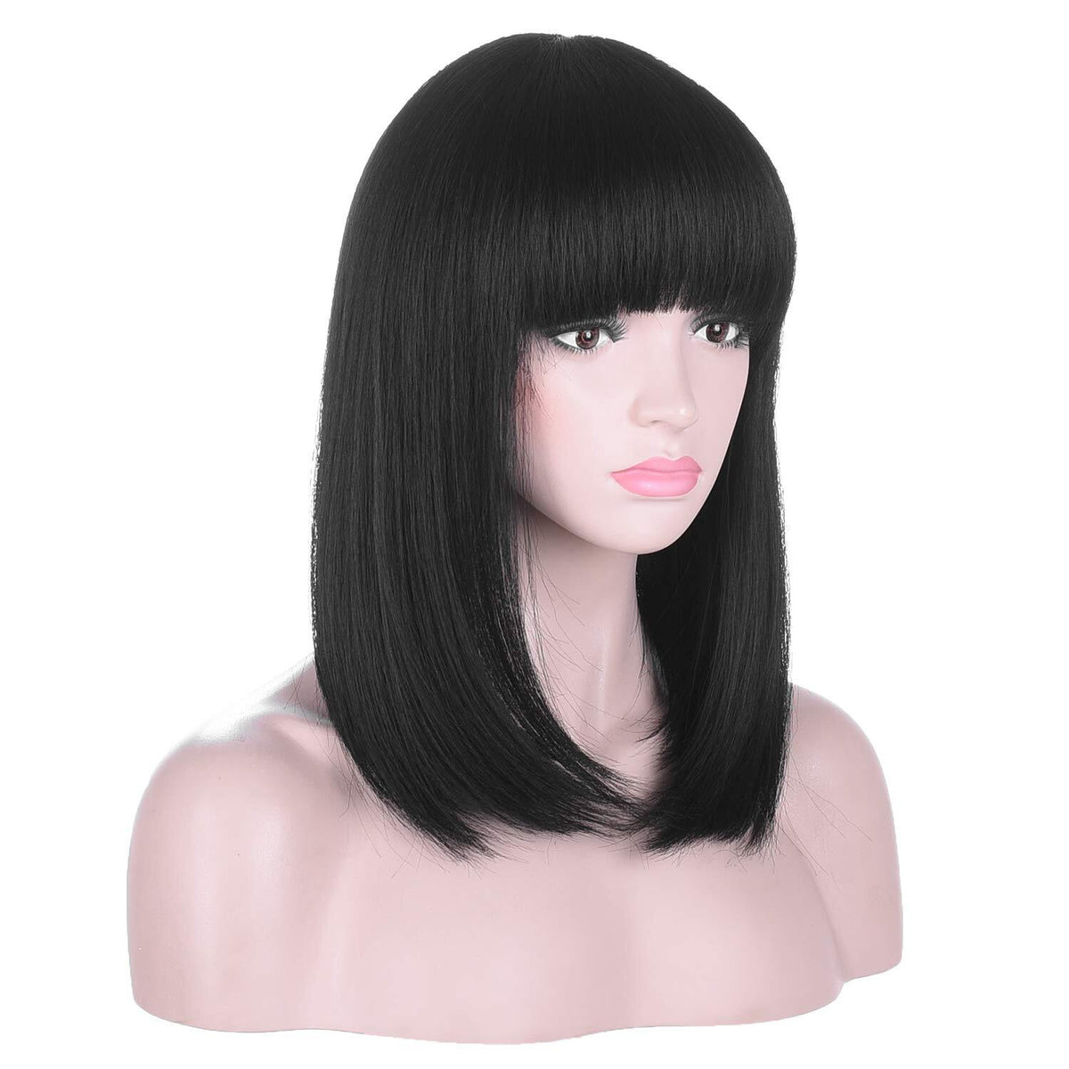 Black Bob Wigs with Bangs - Straight Blunt Cut Shoulder Length Short Wig for Women