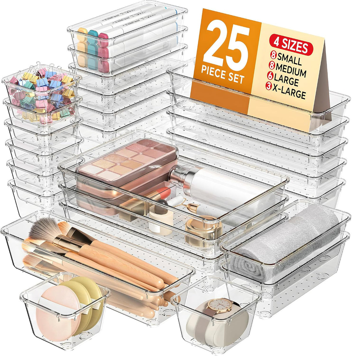 25 Pcs Plastic Drawer Organizer Set - Multi-Size Storage Bins for Makeup, Vanity, Kitchen & Office