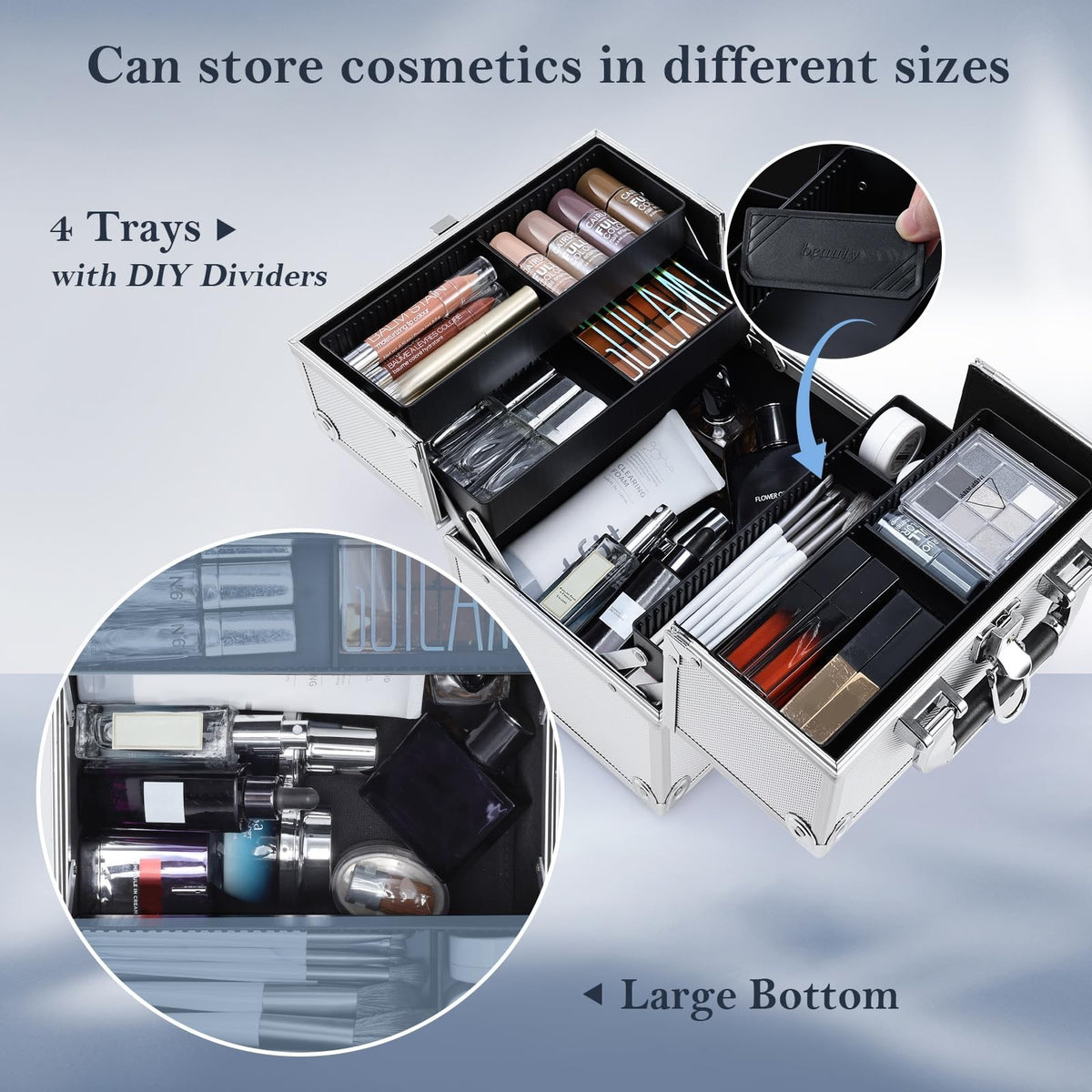 Portable Makeup Organizer Case with Lock, 4-Tier Trays, Silver Travel Storage