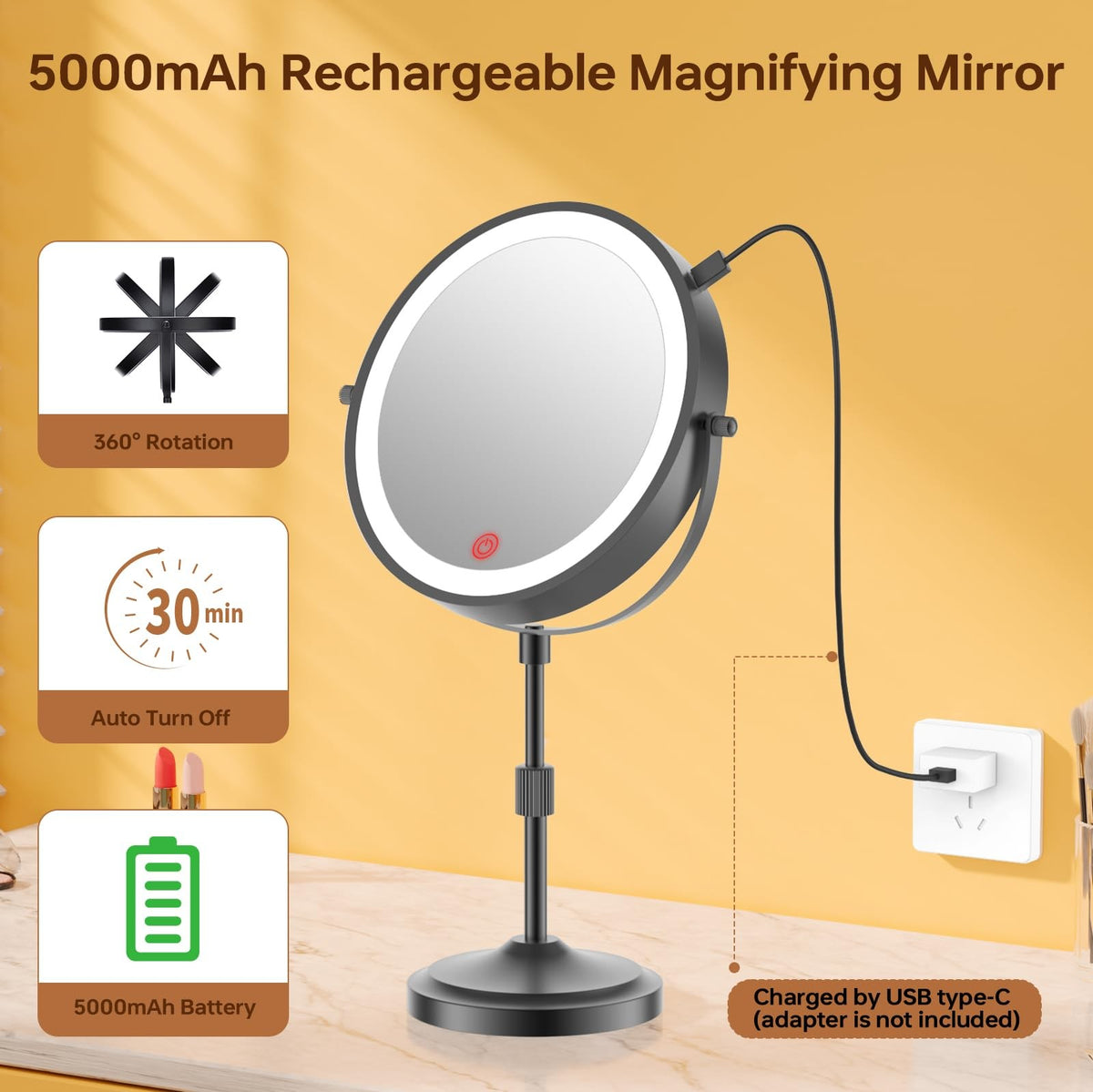 Lighted Makeup Mirror with 20X Magnification, Adjustable Height & Dimmable LEDs