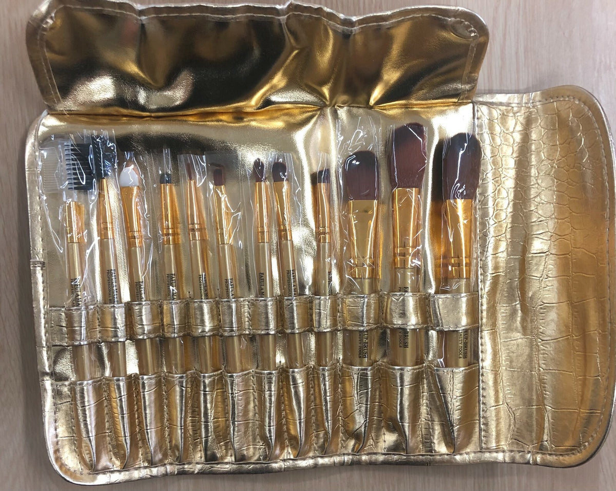 12-Piece Makeup Brush Set with Gold Handles - Professional Soft Bristle Cosmetic Brushes