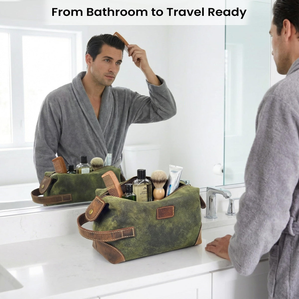 Genuine Leather Travel Toiletry Bag Waterproof Shaving Kit Organizer