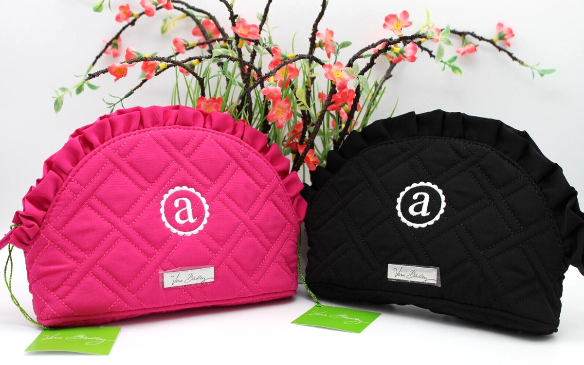 Personalized Letter A Cosmetic Bag - Fuchsia & Black Ruffle Makeup Organizer