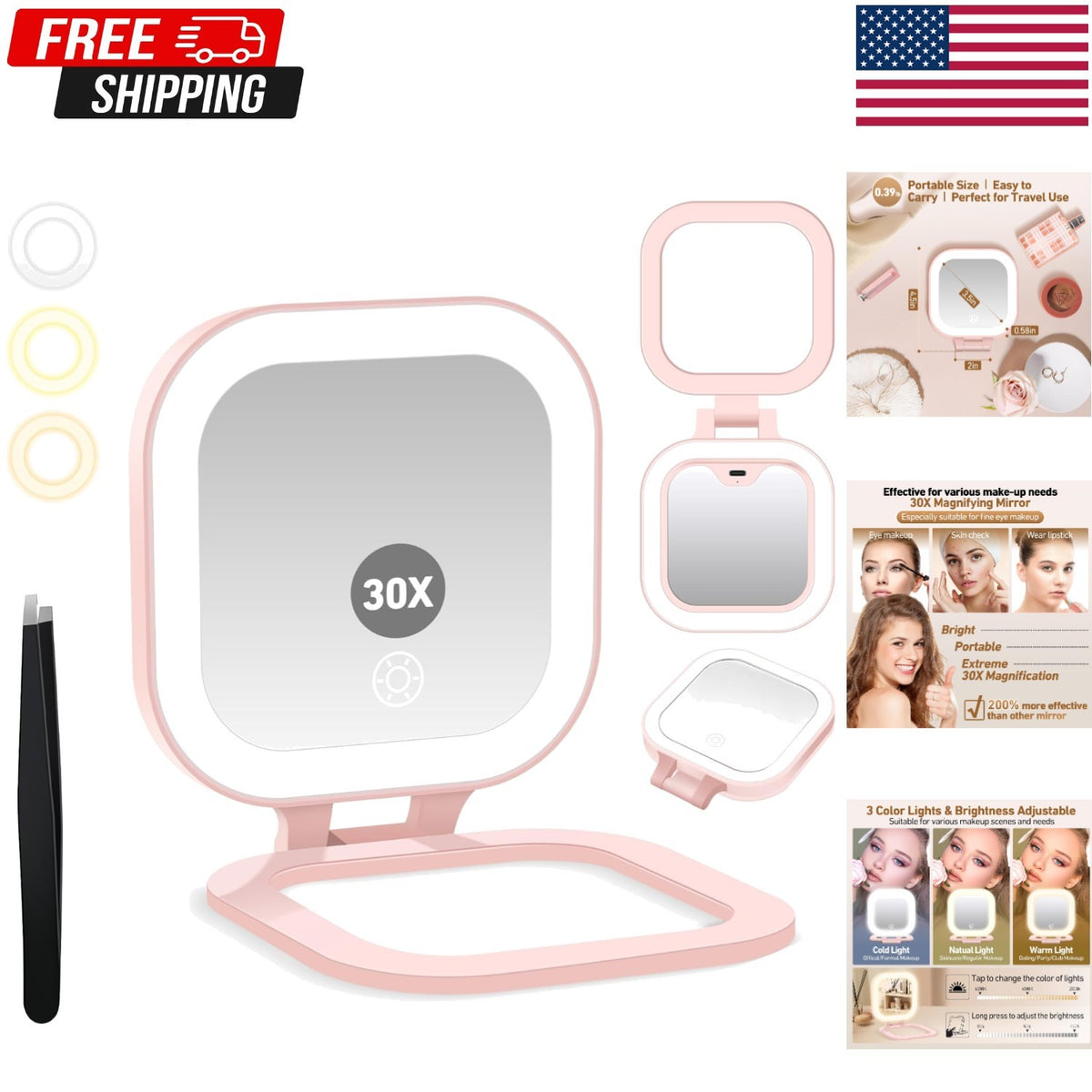 LED Lighted Makeup Mirror 30X Magnification with 3 Light Modes Portable