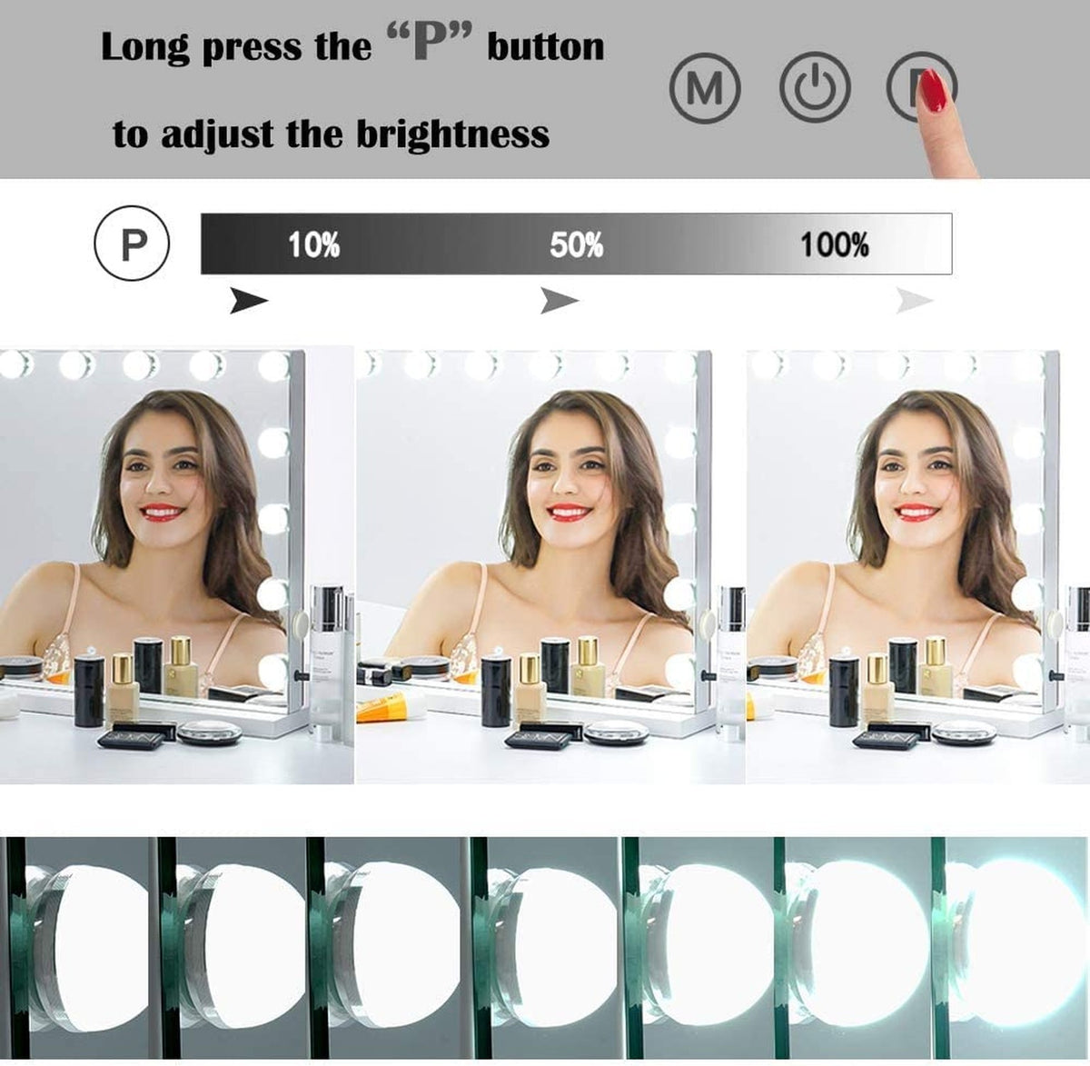 Large Hollywood Lighted Makeup Mirror with Dimmable LED & 10X Magnification