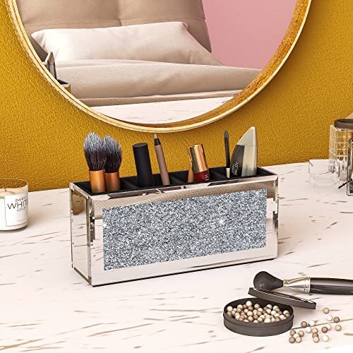 4 Slot Mirrored Makeup Brush Organizer Glass Storage Case with Crystals