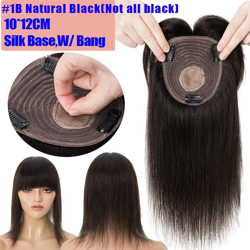 Remy Human Hair Topper with Bangs - Clip-In Hairpiece for Thinning Hair