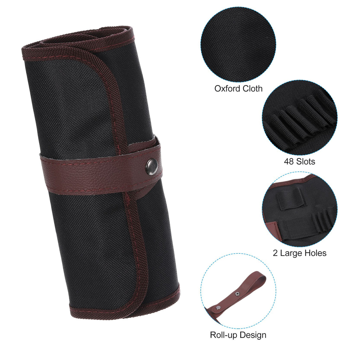 48 Slots Roll Up Pencil Case - Oxford Cloth Travel Organizer, Brown/Black