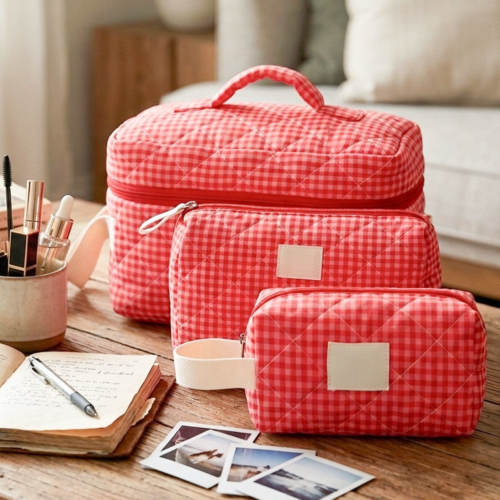 Large Quilted Makeup Bag for Women with Top Handle - Water-Resistant Cosmetic Organizer