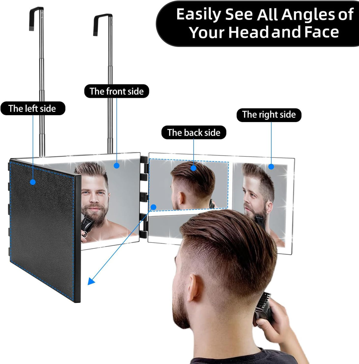 Rechargeable 3-Way Mirror for Hair Cutting with LED Lights & Telescopic Stand