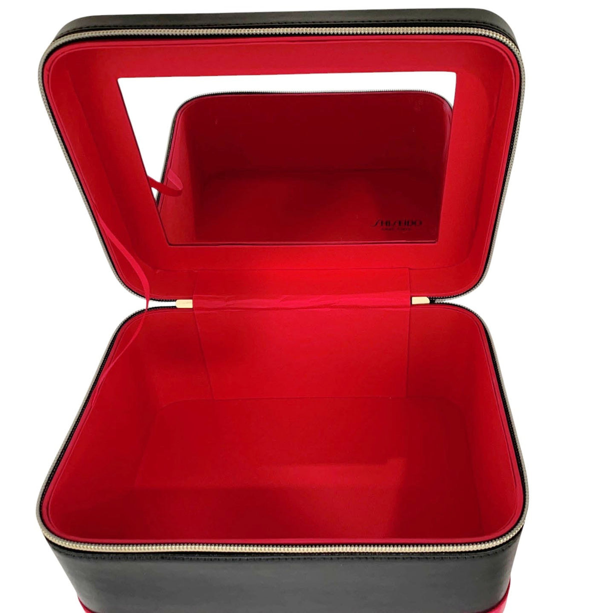 Large Leather Cosmetic Storage Box with Mirror - Black & Red Organizer