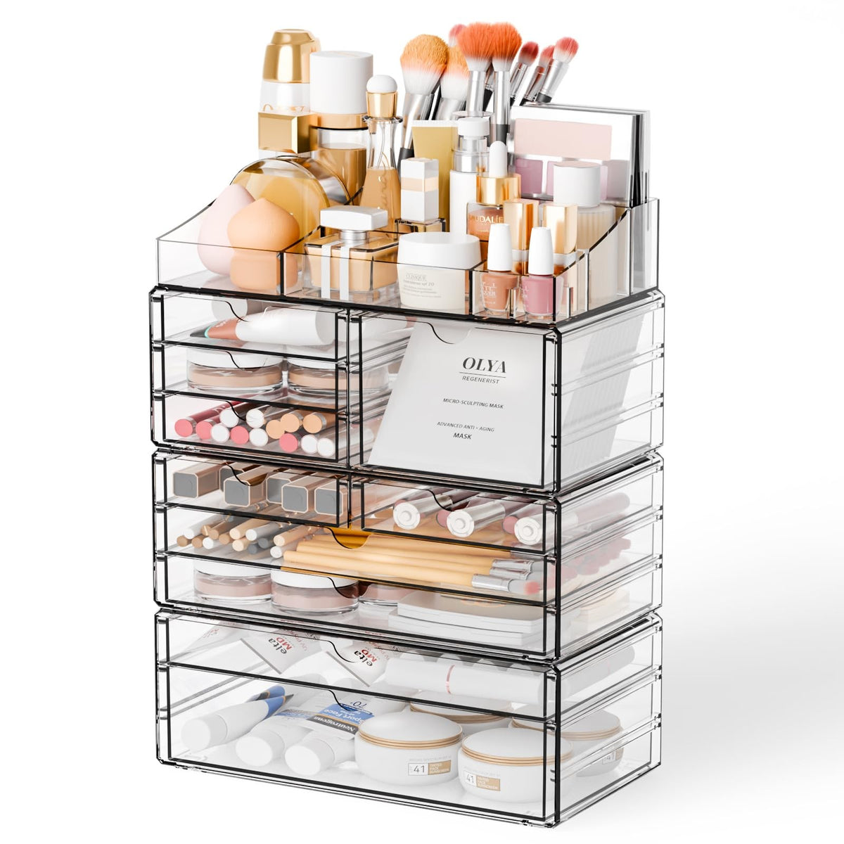 Large Capacity Makeup Organizer with Stackable Drawers and Top Tray - Clear Vanity Storage for Cosmetics & Skincare