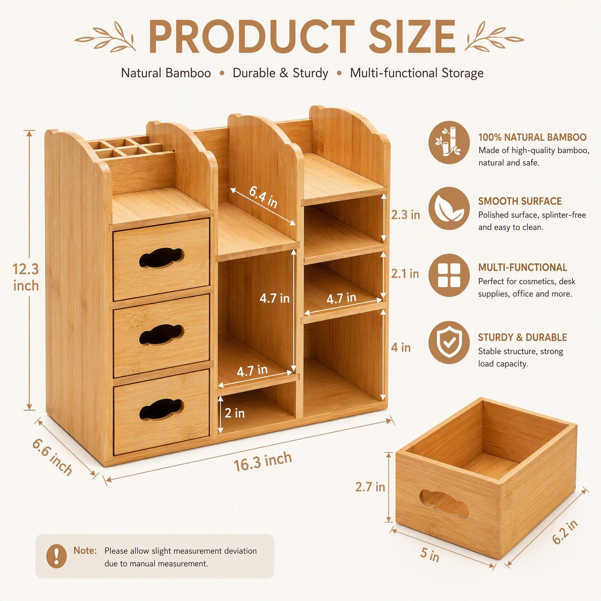 Bamboo Makeup Organizer with Drawers and Compartments - Multi-Functional Dresser Shelf