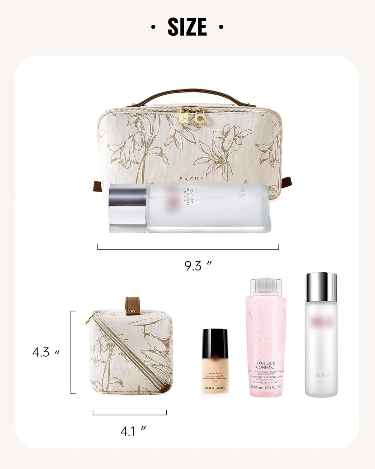 Travel Makeup Bag with Water-Resistant PU Leather, Floral Design, Medium Size