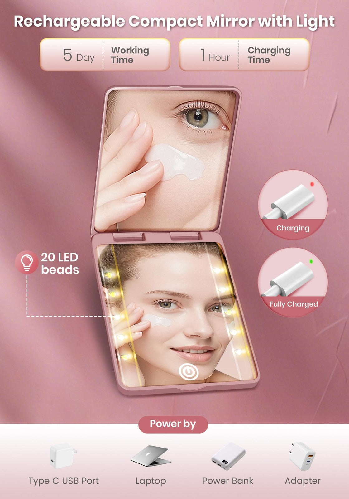 30X Magnifying Compact Mirror with 3 Light Modes Rechargeable Travel Makeup Mirror Rose