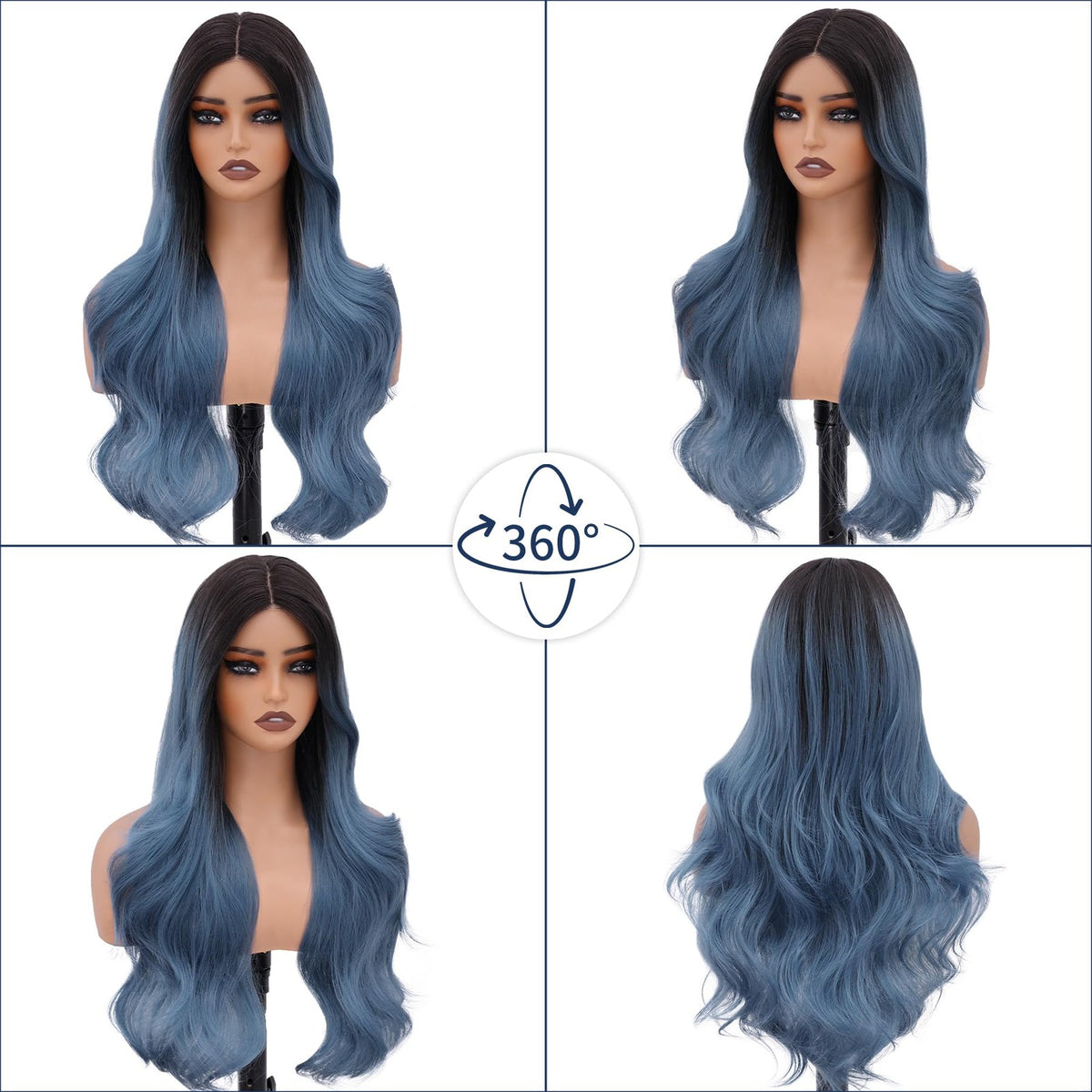 Blue Ombre Synthetic Wig 26 Inch Wavy Long Hair for Women