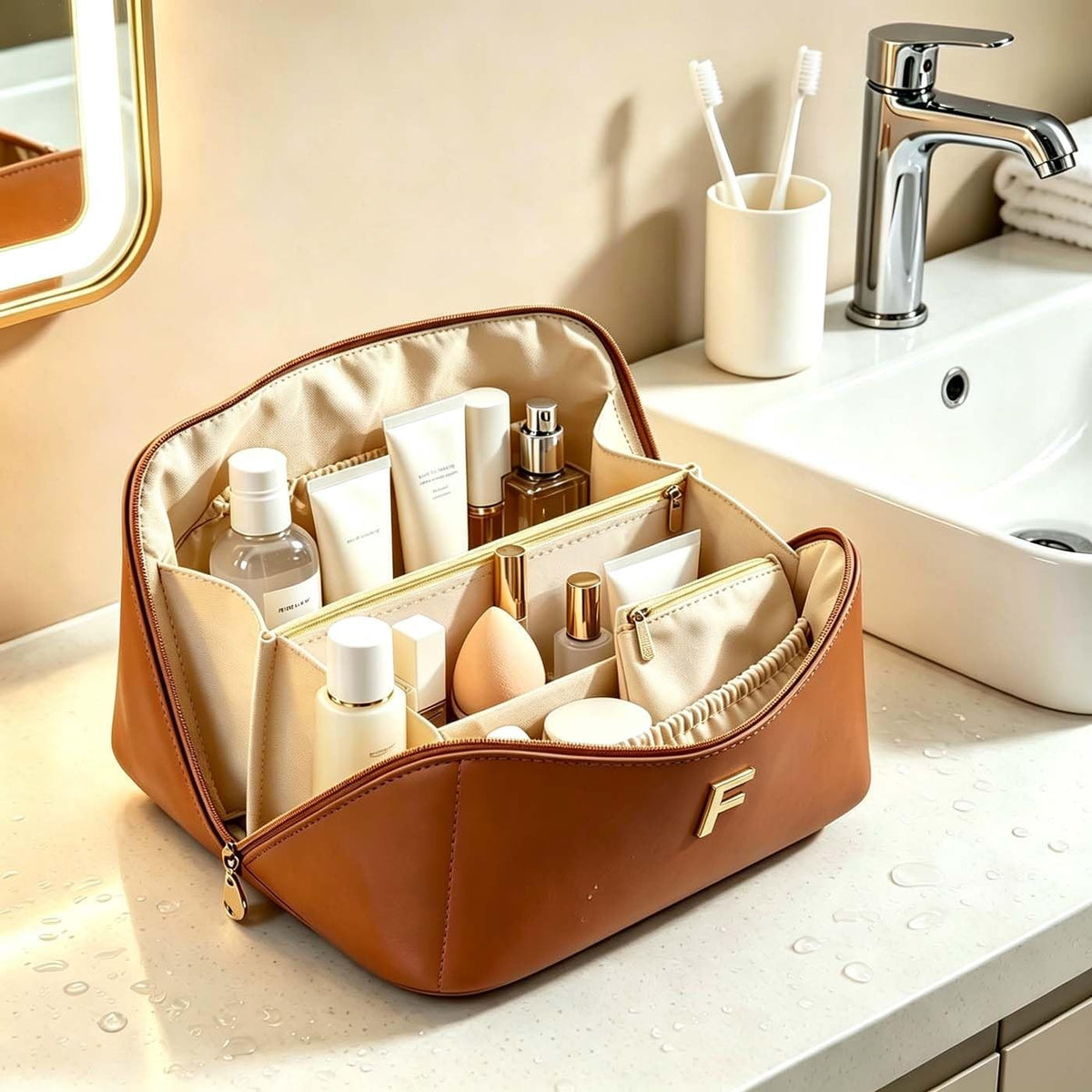 Personalized Initial Makeup Bag - Brown Travel Cosmetic Organizer
