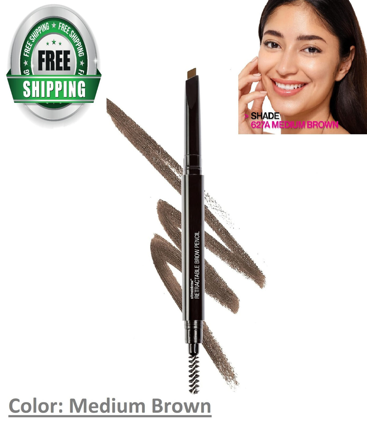 Eyebrow Pencil with Spoolie & Fine Tip - Medium Brown, Retractable, Triangular Design