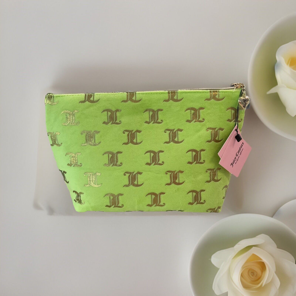 Neon Green Travel Cosmetic Bag with Gold Logo - Juicy Couture Velour