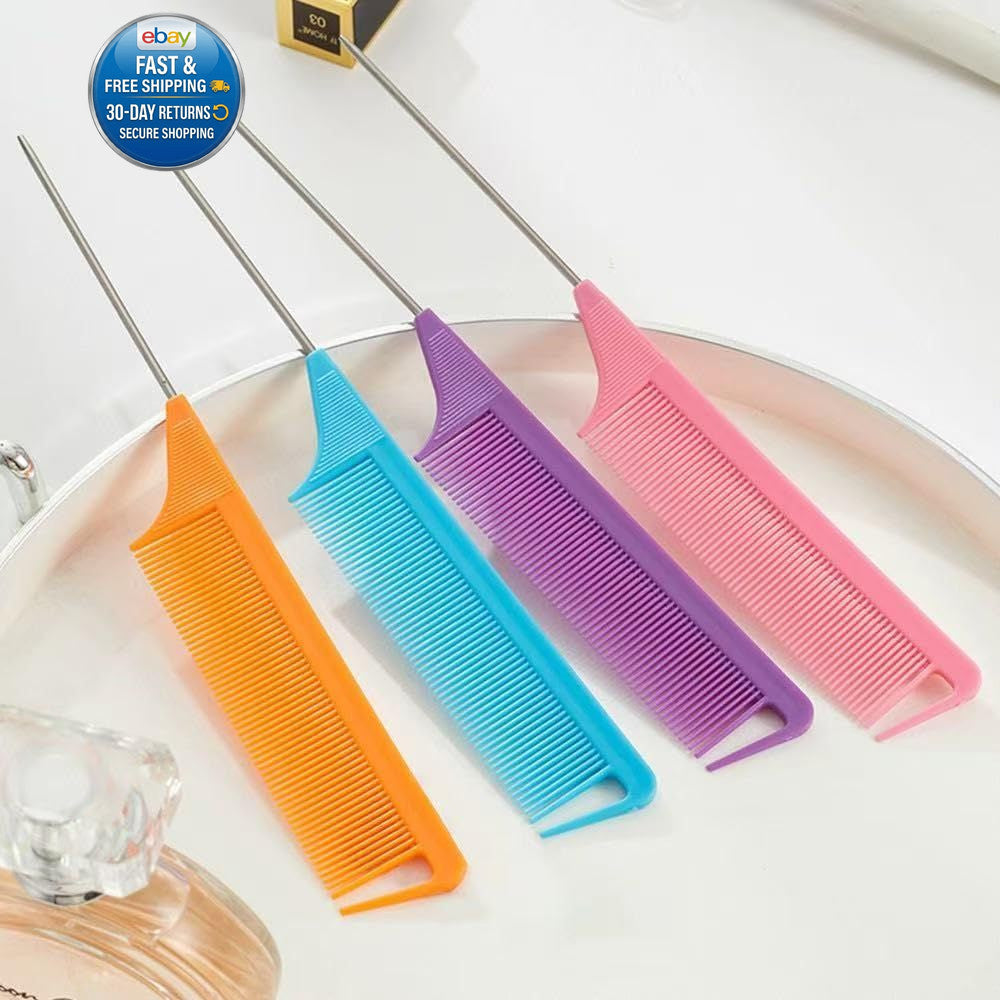 Hair Styling Comb Set with Fine Teeth and Metal Rat Tail - Multiple Colors