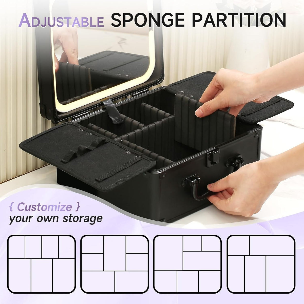 Travel Makeup Organizer Case with LED Lighted Mirror and Adjustable Storage