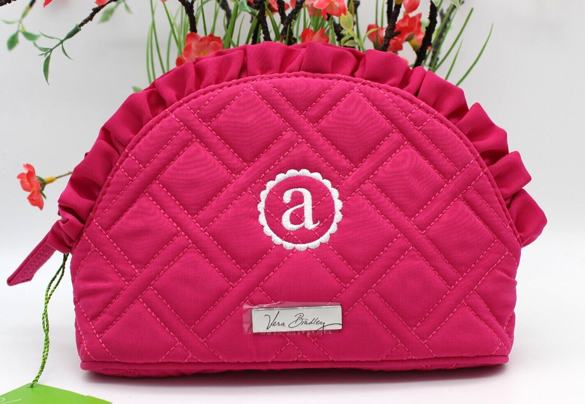 Personalized Letter A Cosmetic Bag - Fuchsia & Black Ruffle Makeup Organizer