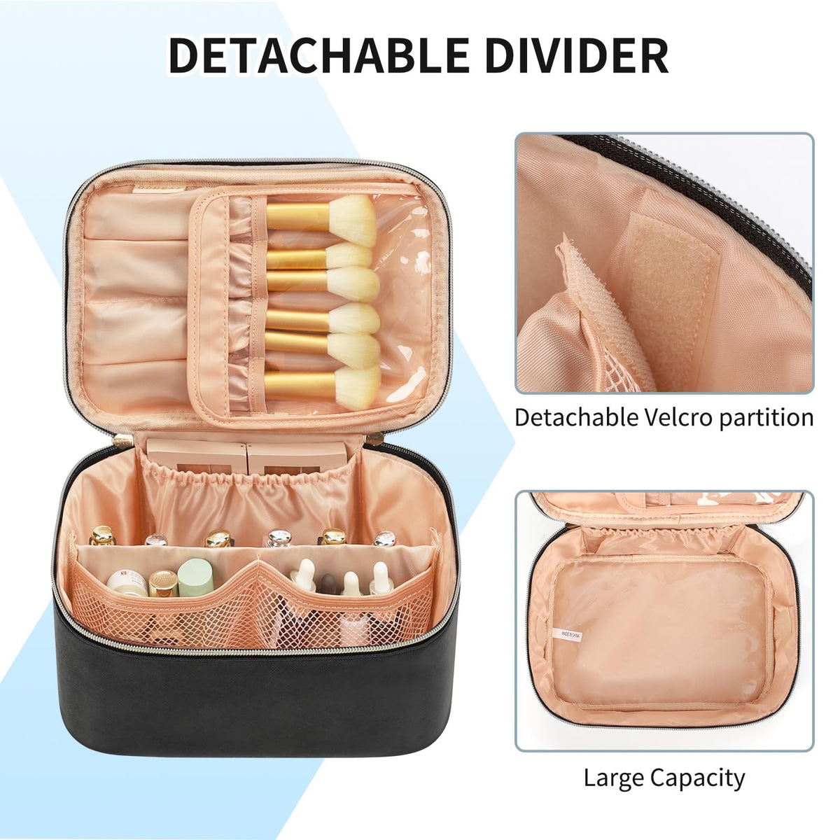 Portable Black Makeup Bag with Brush Partition & Waterproof Vegan Leather