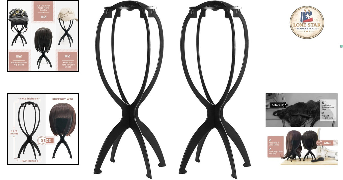 Travel Wig Stand Set - Foldable Black Wig Display & Storage Organizer