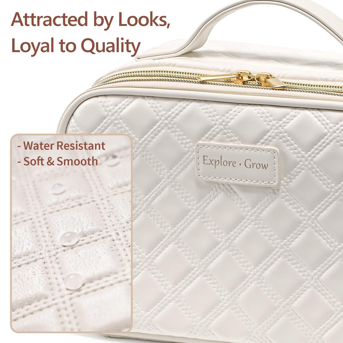 Large Quilted Travel Makeup Bag for Women - PU Leather Organizer, Cream