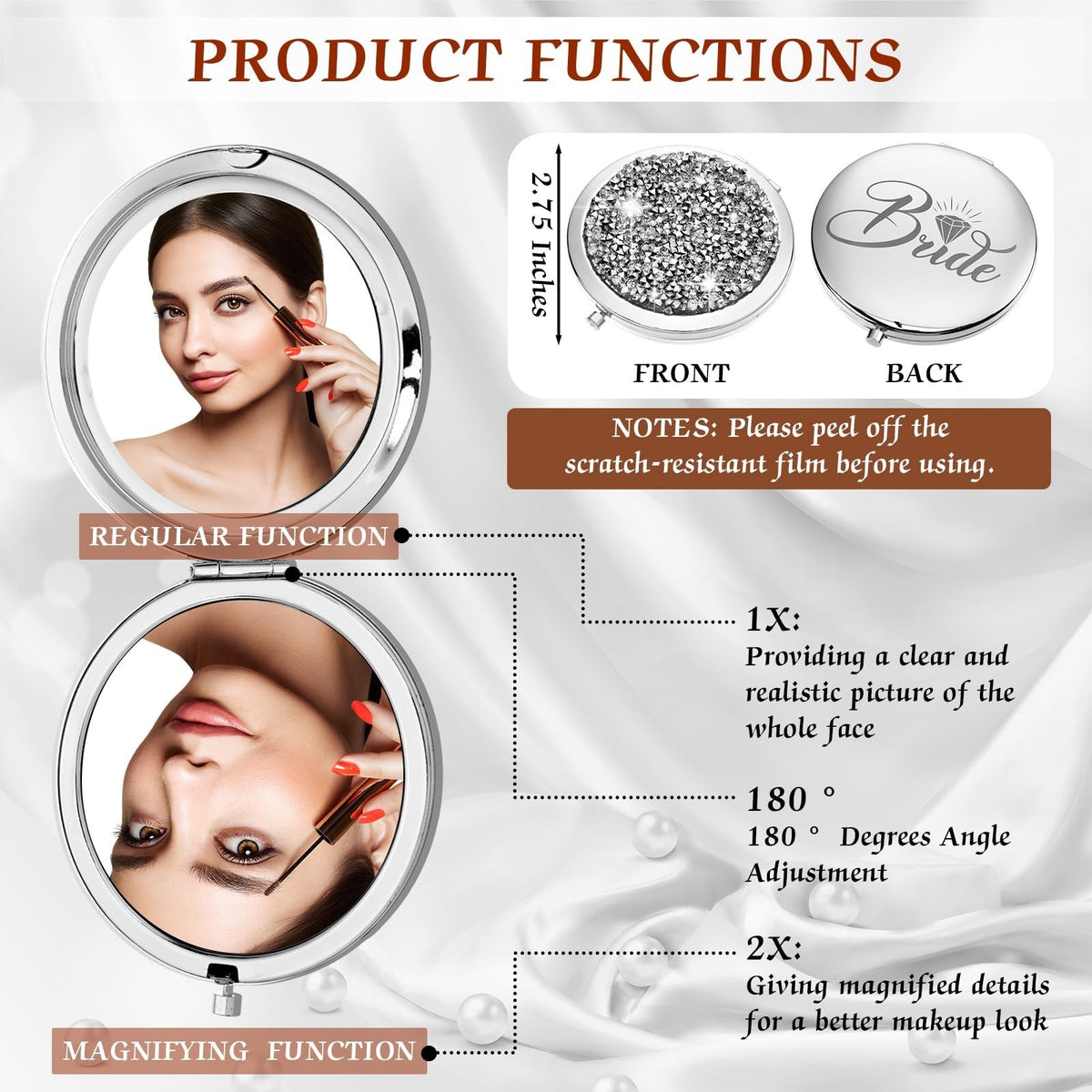10-Pack Compact Silver Makeup & Wedding Gift Mirrors with 2X Magnification
