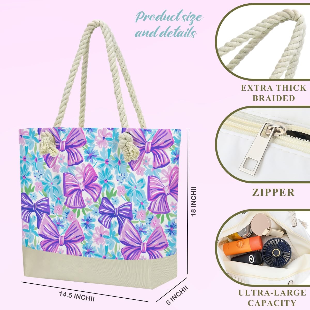 Waterproof Beach Tote Bag with Wet Cosmetic Pouch for Women